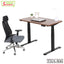 Ergonomic office chair and height adjustable desk with laptop, lamp, and decor