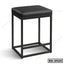 Modern black metal bar stool with cushioned seat and open rectangular frame, ideal for home or office furniture.