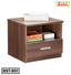 Modern wooden bedside table with drawer, open shelf, books, and tissue box