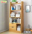 Modern wooden bookshelf with storage drawers, books, and decor in a bright home office corner