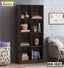 Modern wooden bookshelf with decorative items and books in a cozy living room setting