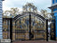 Decorative black and gold wrought iron boundary gate with ornate floral patterns outdoors