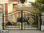 Decorative black and gold boundary gate with ornate floral metalwork in front of a house