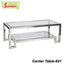 Modern glass center table with metal frame and lower shelf, minimalist living room furniture