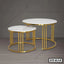 Modern round center tables with white marble tops and gold metal frames, set of two