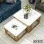 Modern marble top nesting center tables with gold metal frames in a stylish living room