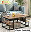 Modern wooden center table with metal frame, open shelves and basket, in living room setting