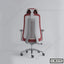 Ergonomic office chair with mesh backrest, red and white design, on caster wheels