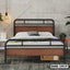 Modern double steel bed with wood accents in a stylish bedroom, minimalist decor