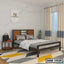 Double steel bed with wooden accents in modern bedroom, geometric rug, and neutral decor