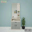 Modern wooden dressing table with large mirror, gray storage cabinets, and shelves, next to a potted plant.