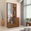 Modern wooden dressing table with mirror, shelves, and drawers in a bright bedroom setting.