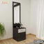Modern dressing table with tall mirror, shelves, and storage drawer in a bright room