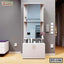 Modern white dressing table with large mirror, shelves, and cabinet in a stylish room
