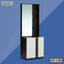 Modern dressing table with tall mirror, storage shelves, and cabinet in black and white.