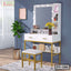 Modern white and gold dressing table with mirror, lights, stool and makeup accessories