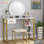 Modern white and gold dressing table with round mirror and stool, makeup storage and decor