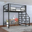 Modern black metal loft bed with built-in desk and bookshelf stairs in a minimalist room