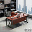 Modern executive office table with metal frame, office chair, and city view background