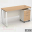 Modern executive table with a light wood top, white metal frame, and three-drawer storage unit.