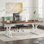 Modern executive office table with wooden top and white metal base, desk accessories, and chair
