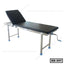 Adjustable hospital bed with black cushioned surface and manual crank, stainless steel frame