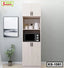 Tall wooden kitchen shelf with microwave, storage cabinets, and minimal decor.
