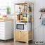 Modern kitchen shelf with microwave, wooden storage, and organized kitchen items