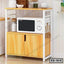 Modern kitchen shelf with wood finish, microwave, storage cabinets and utensils