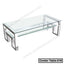 Modern glass and metal center table with geometric chrome legs, two-tier design