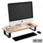 Wooden monitor stand with metal legs holding computer, smartphone, and accessories for desk organization