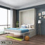 Modern bedroom with Murphy wall bed WB-1103, blue bedding, wood floor, and large window