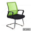 Modern office chair with green mesh back, black seat, armrests, and chrome base