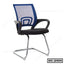 Modern office chair with blue mesh back, black seat, armrests, and chrome sled base