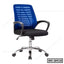Modern ergonomic office chair with blue mesh back, black seat, armrests, and chrome base on wheels