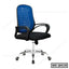 Modern ergonomic office chair with blue mesh back, black seat, armrests, and rolling base