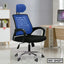 Ergonomic blue mesh office chair with headrest and armrests in modern workspace