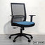 Modern ergonomic office chair with mesh backrest, blue seat cushion, and adjustable arms