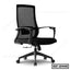 Black ergonomic office chair with mesh backrest, armrests, and adjustable height on wheels