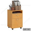 Wood office drawer unit with wheels, two drawers, open shelf, and stationery on top