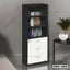 Modern office file cabinet with open shelves and lockable drawers, black and white design