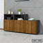 Modern wooden office file cabinet with storage shelves and decorative items against gray wall