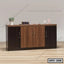 Modern wooden office file cabinet with four doors, decor items, and books on top