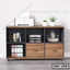 Modern wooden office file cabinet with open shelves, drawers, and decorative plants