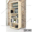 Modern wooden office file cabinet with shelves, books, and folders against brick wall