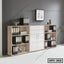 Modern wooden office file cabinet with open shelves, binders, and white drawers against a gray wall.