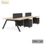 Modern office workstation desk with black metal legs, wood tabletop, dividers, and storage drawers