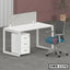 Modern white office workstation desk with three-drawer cabinet, divider, and ergonomic chair