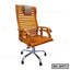Wooden office chair with slatted back, padded headrest, and metal swivel base on wheels