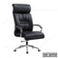 Ergonomic black leather office chair with high back, metal arms, and caster wheels